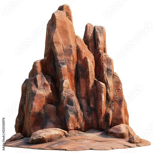 A large, steep group of ancient red mountain rocks. Isolated on white background.