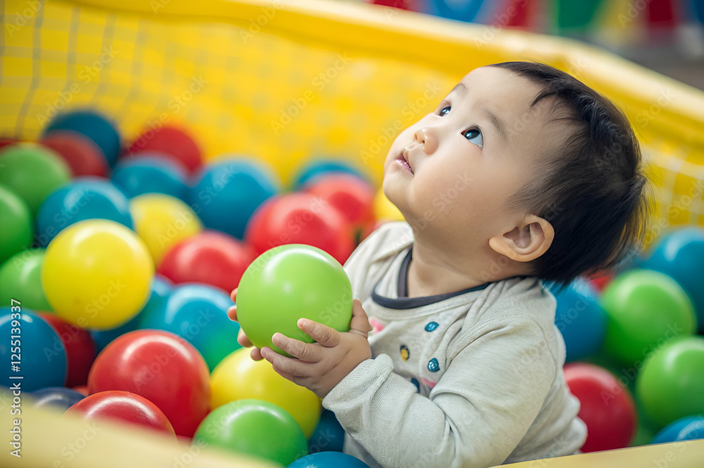 Asian baby A curious baby plays in a colorful ball pit, surrounded by bright plastic balls of various colors, looking up with wonder and joy. Asian baby A curious baby plays in a colorful ball pit, surrounded by bright plastic balls of various colors, looking up with wonder and joy.