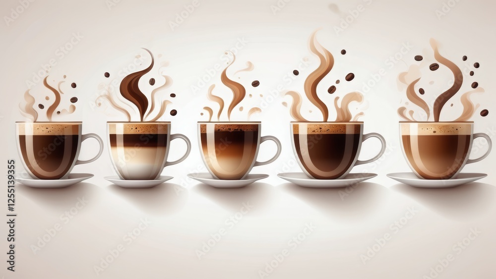 Obraz premium Flat-style illustration of multiple coffee cups on a white background. Various sizes, shapes, and shades of coffee, including espresso, cappuccino, latte, and black coffee