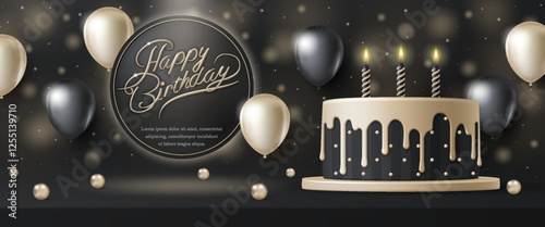 Happy birthday cake template. Luxury birthday greeting card with 3D celebration cake and gold ball on black marble background for modern anniversary party event, banner, backdrop, wallpaper. Vector