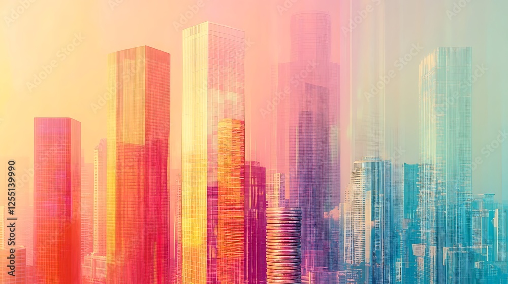 Surreal Cityscape with Skyscrapers and Coins Surreal Cityscape with Skyscrapers and Coins