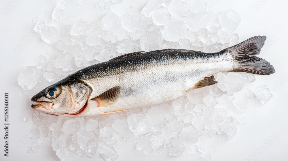 A fresh fish is displayed on a bed of ice, showcasing its shiny scales and detailed features, ideal for culinary presentations.