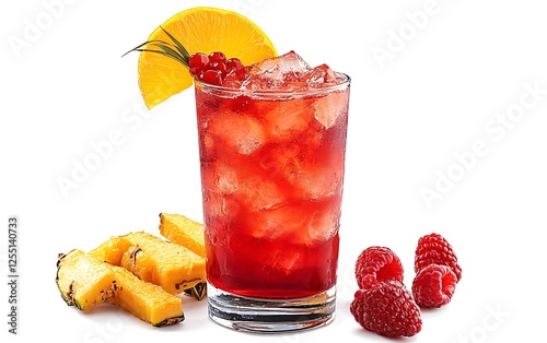 Red Cocktail with Pineapple and Raspberries photo