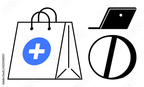 Bag with healthcare symbol, split pill, and laptop. Ideal for eCommerce, online pharmacy, healthcare access, digital health, telemedicine online consultation medical shopping. Black white blue