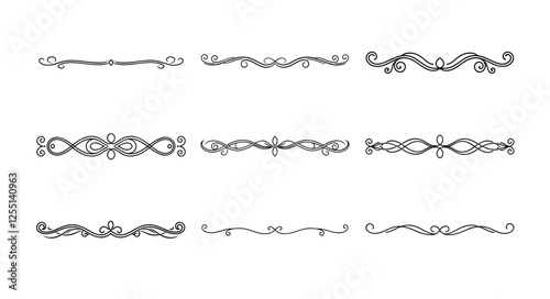 Divider thin line element set. Border underline on text page, book, invitation, wedding card, certificate, menu. Vintage ornament, classic,ornamental filigree separator design