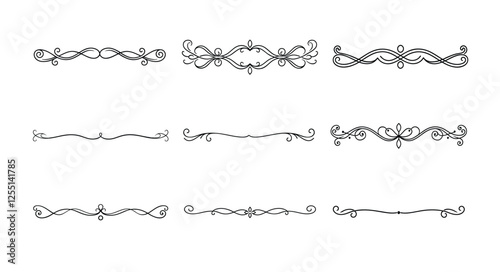 Divider thin line element set. Border underline on text page, book, invitation, wedding card, certificate, menu. Vintage ornament, classic,ornamental filigree separator design