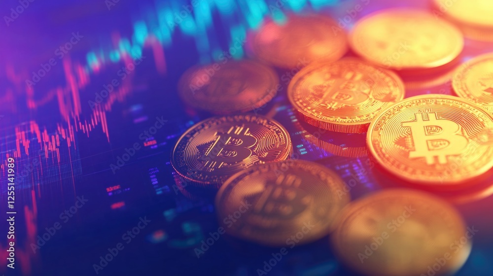 Flat lay of Bitcoin coins on digital background with stock market chart and financial data. Flat lay of Bitcoin coins on digital background with stock market chart and financial data.