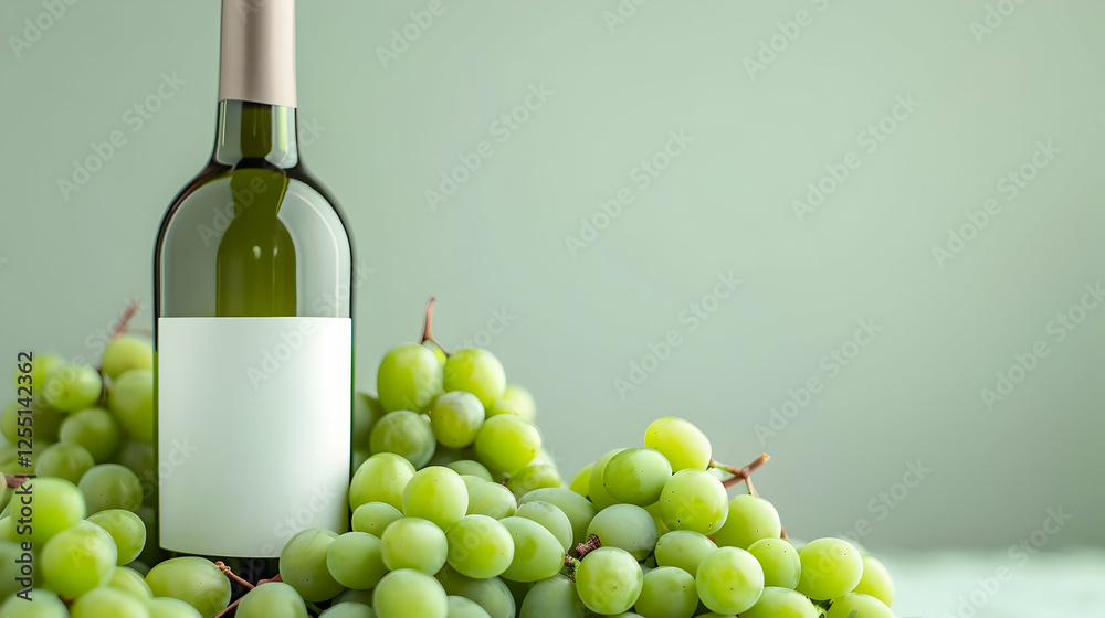 Elegant still life featuring a wine bottle and a verdant bunch of grapes against a serene backdrop Elegant still life featuring a wine bottle and a verdant bunch of grapes against a serene backdrop