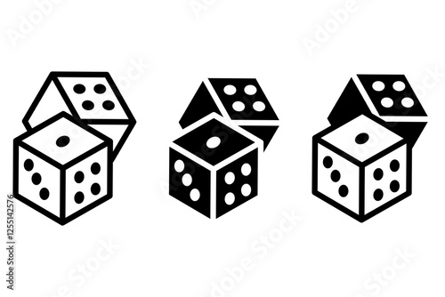 Stacked dice icons. Rolling dice shapes. Black white cubes. Vector gambling symbol.