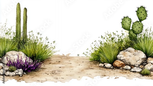 Serene Desert Landscape with Cacti and Rocks on White Background