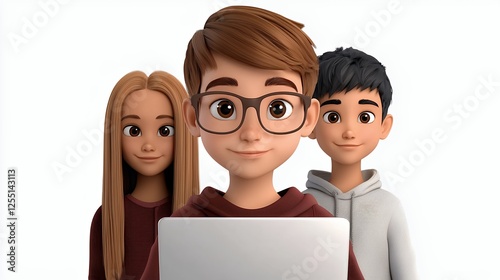 Three Diverse Animated Characters Using Laptop in Modern Setting
