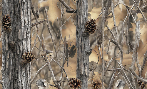 Recreate the classic camouflage pattern of tree trunk and branches, with pine leaves, pine cones, or other forest elements for realism.