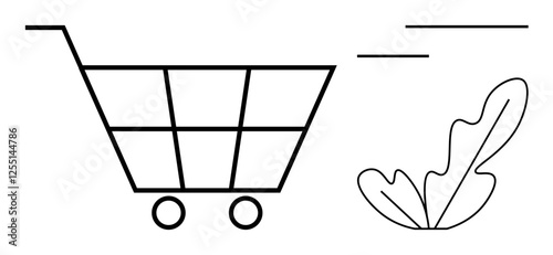 Shopping cart with two wheels and a minimalist plant element. Ideal for online shopping, eco-friendly retail, consumerism, commerce, transactions, marketing strategies, and sustainability messaging
