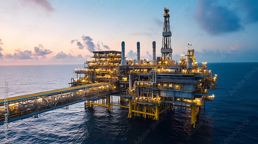 Obraz premium Offshore Oil Platform at Sunset: A Majestic View of Industrial Maritime Technology