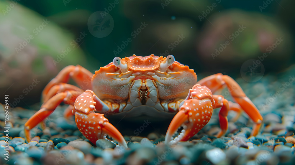 Vibrant orange crab portrait on pebble seabed, exhibiting unique exoskeleton detail and quirky underwater perspective Vibrant orange crab portrait on pebble seabed, exhibiting unique exoskeleton detail and quirky underwater perspective