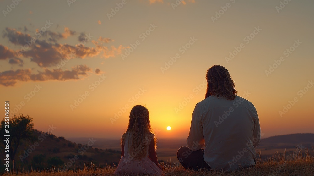 Father and Daughter Watching Sunset Over Hills