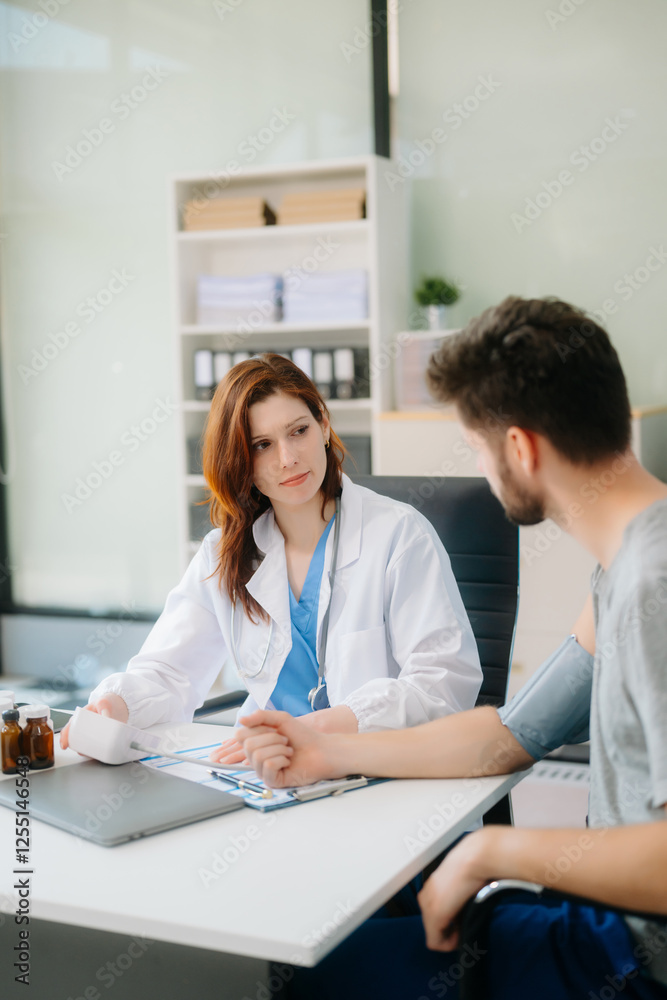 Fototapeta premium Portrait of female doctor explaining diagnosis to her patient. Doctor Meeting With Patient In Exam Room