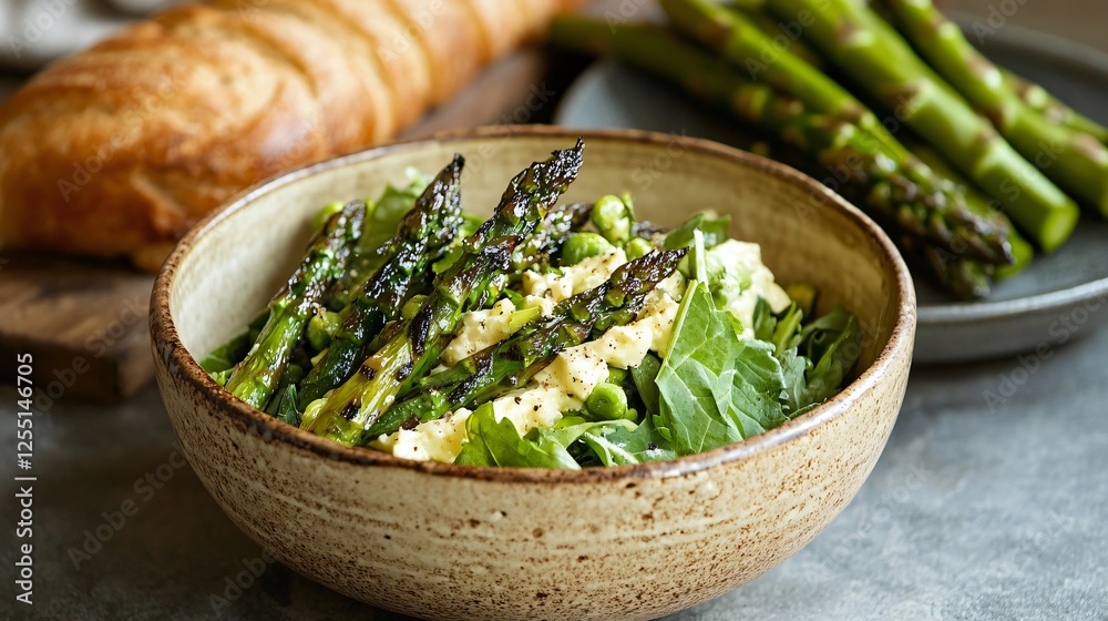 A gourmet Easter brunch with a spring salad, served in a handcrafted ceramic bowl, paired with a side of grilled asparagus and fresh sourdough A gourmet Easter brunch with a spring salad, served in a handcrafted ceramic bowl, paired with a side of grilled asparagus and fresh sourdough