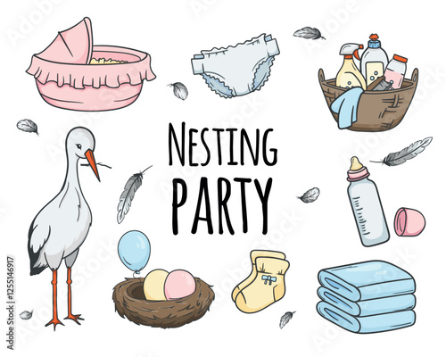 Nesting party. Items for newborns, children's things, stork, household chemicals. Set of vector elements for children's party design, stickers, banner, poster, children's book.