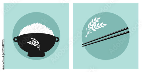 Rice bowl with chopsticks icon sign on green backgrounds vector.