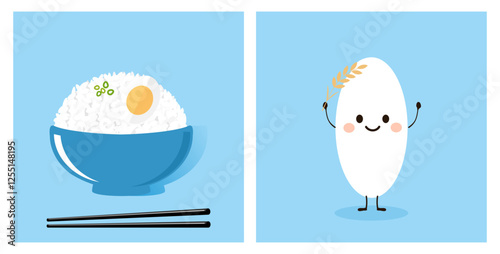 Rice bowl with boiled egg, green onion, chopsticks and rice seed cartoon icon sign on blue background vector. 