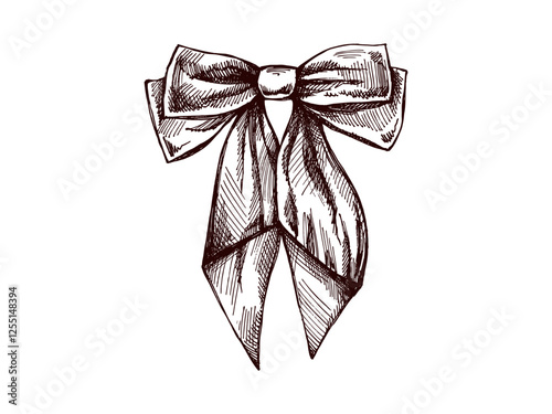 Hand drawn vintage sketch of a long decorative bow with ribbons