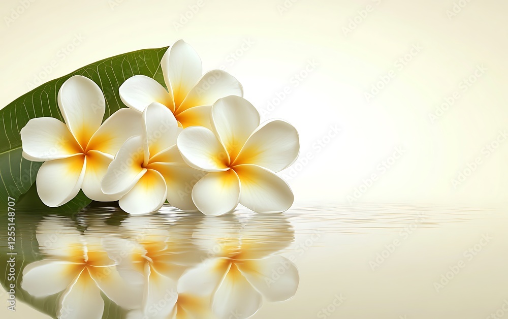 Delicate plumeria flowers reflected on surface Delicate plumeria flowers reflected on surface