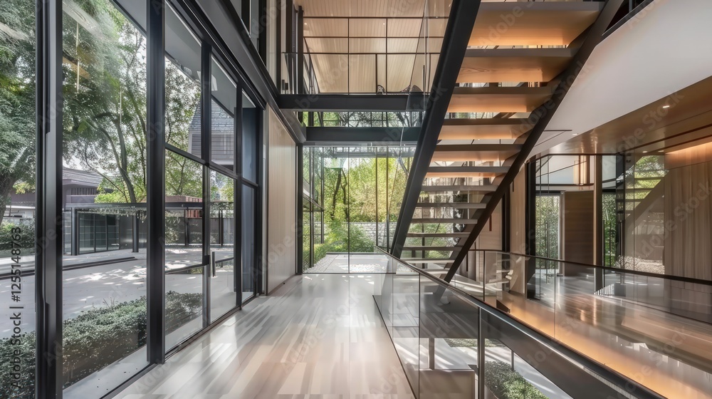 Modern Architectural Design: Interior View of a Luxurious Home with Glass Walls and a Grand Staircase Modern Architectural Design: Interior View of a Luxurious Home with Glass Walls and a Grand Staircase