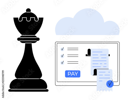 Black chess rook beside cloud-embraced screen displaying online payment and receipt, symbolizing strategy, security, and digital transactions. Ideal for finance, technology, cybersecurity, strategy