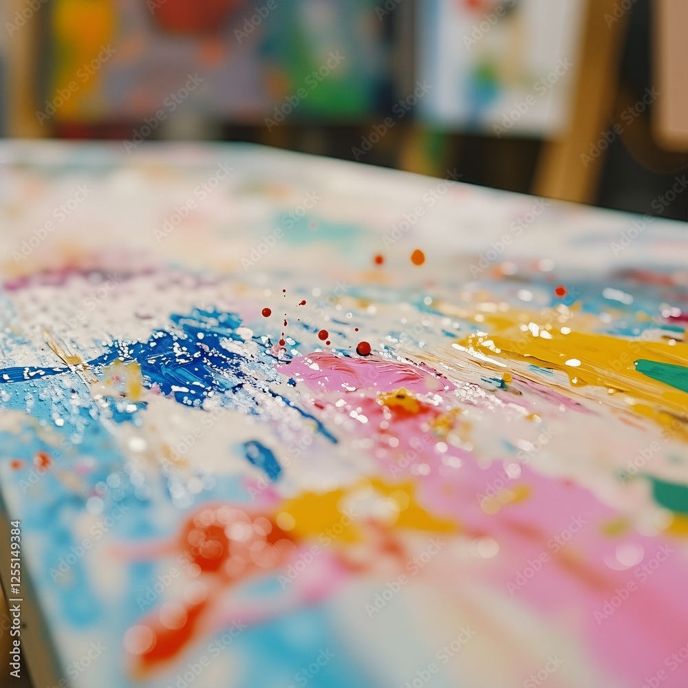 a close up of an abstract painting on a table with a blurred background. The painting is composed of a variety of colors and shapes a close up of an abstract painting on a table with a blurred background. The painting is composed of a variety of colors and shapes