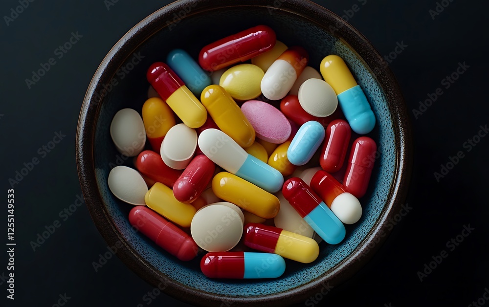 Assorted pills in dark bowl Assorted pills in dark bowl