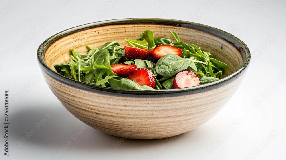 A single portion of spring green salad served in a rustic ceramic bowl, featuring fresh baby spinach, arugula, sliced strawberries, and a light balsamic glaze, against a clean, neutral background A single portion of spring green salad served in a rustic ceramic bowl, featuring fresh baby spinach, arugula, sliced strawberries, and a light balsamic glaze, against a clean, neutral background
