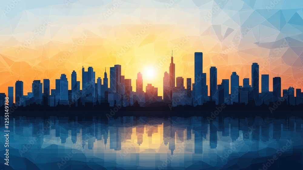 Obraz premium Low-Poly Cityscape Silhouette Reflecting at Dusk