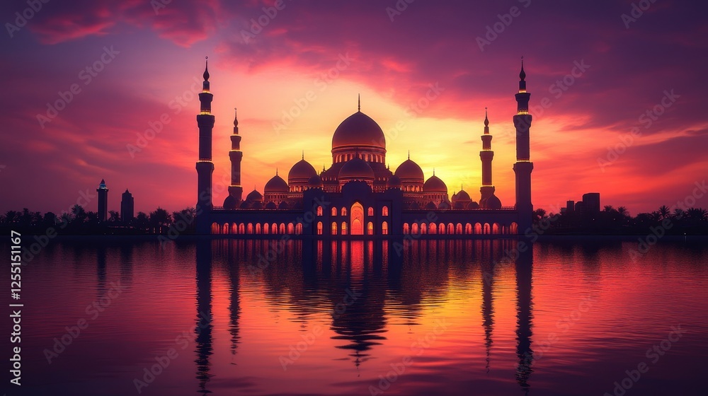 Obraz premium Majestic mosque silhouette against vibrant sunrise over calm water