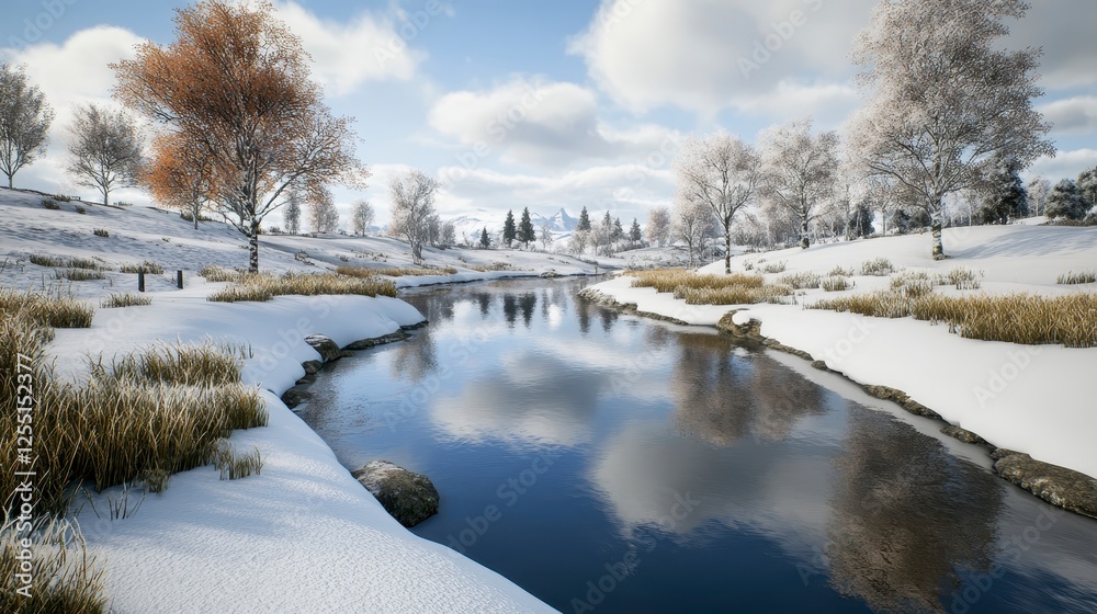 A serene winter landscape with a clear stream reflecting a partly cloudy sky, surrounded by snow covered ground and trees with orange brown autumnal A serene winter landscape with a clear stream reflecting a partly cloudy sky, surrounded by snow covered ground and trees with orange brown autumnal