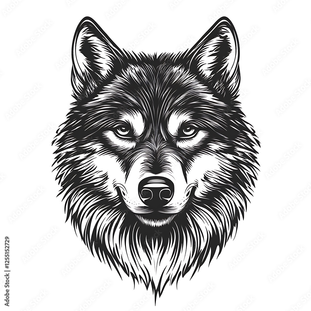 Fototapeta premium Black and white wolf head, artistic illustration, studio shot, possible for t-shirt design