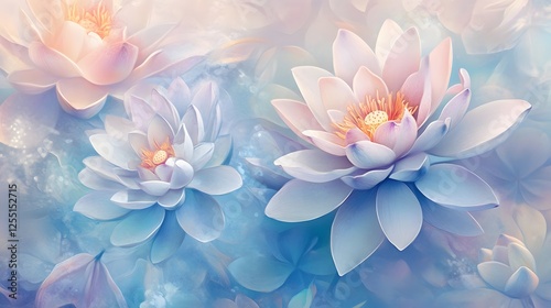 Lovely pastel water lilies blooming in serene pond, delicate petals with soft blue and pink hues, perfect for peaceful decor.