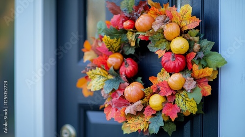 A festive fall wreath on a front door, welcoming guests to a Thanksgiving gathering 