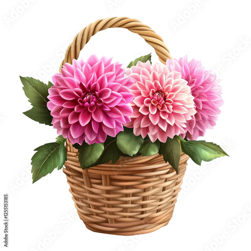 Vibrant Pink Dahlia Flower Arrangement in a Rustic Wicker Basket - Perfect for Floral Design and Nature-Themed Illustrations on a Transparent Background