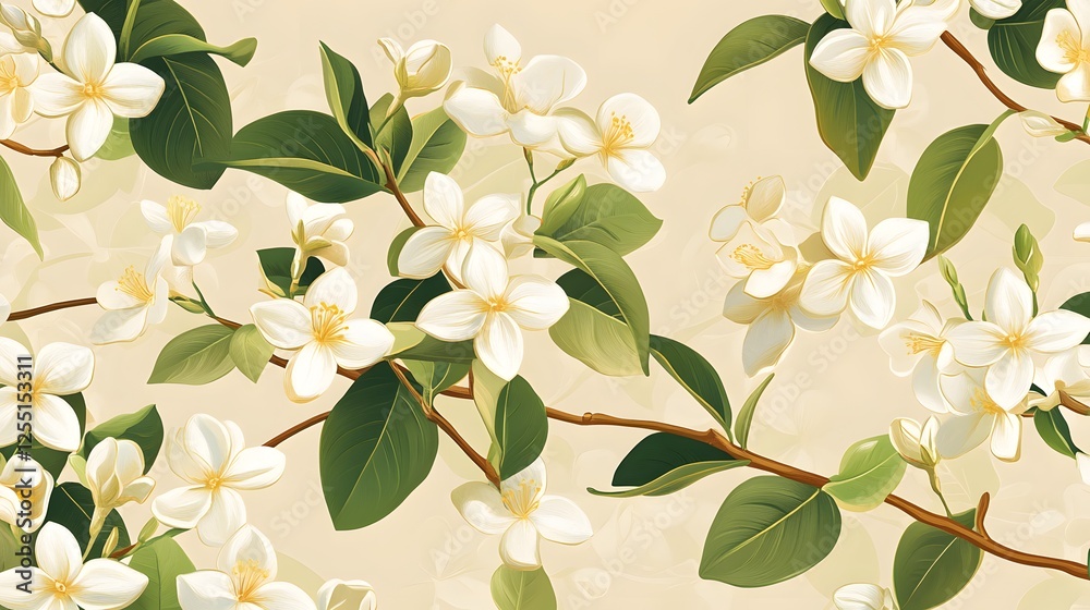 Obraz premium Delicate floral pattern featuring white blossoms and lush green leaves, perfect for nature-themed designs and backgrounds.