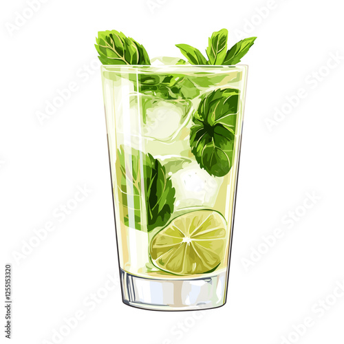 Vector cartoon flat illustration of isolated Classic Mojito cocktail. glass of fresh Mojitos with lime, mint and ice on white background. Classic alcohol cocktails summer party drink mocktail