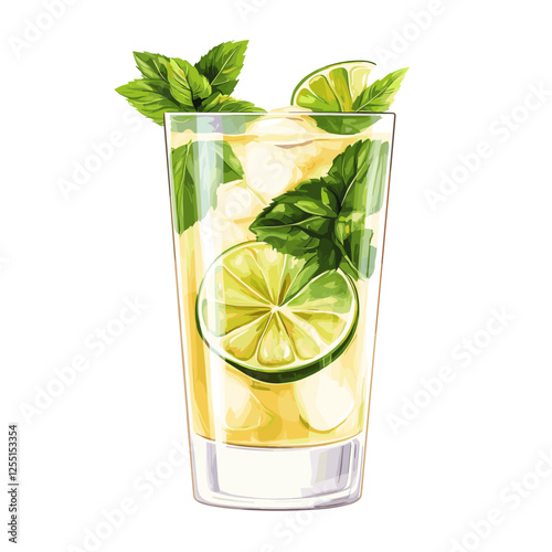 Vector cartoon flat illustration of isolated Classic Mojito cocktail. glass of fresh Mojitos with lime, mint and ice on white background. Classic alcohol cocktails summer party drink mocktail
