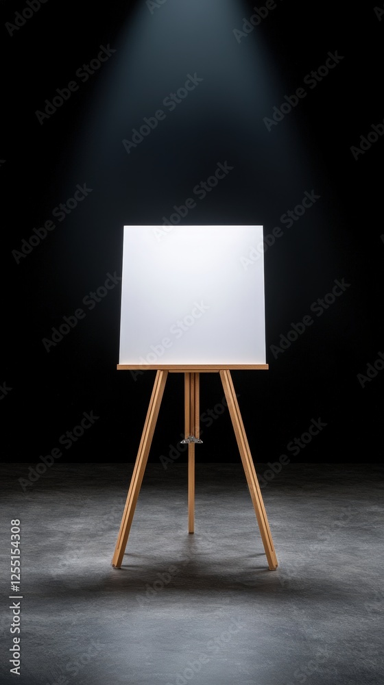 White canvas on wooden easel with spotlight and adjustable drafting table in realistic photography setting White canvas on wooden easel with spotlight and adjustable drafting table in realistic photography setting
