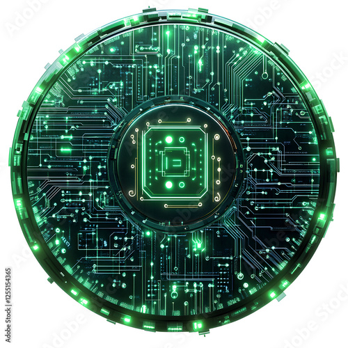 Futuristic Circuit Board Disk with Glowing Green Lines, Isolated on White