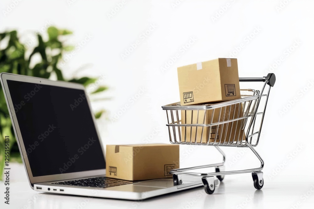 Modern Online Retail Visual: Cart, Laptop, and Packing Materials Modern Online Retail Visual: Cart, Laptop, and Packing Materials
