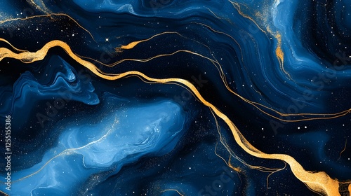 Elegant Blue and Gold Abstract Art with Gold Accents and Swirls
