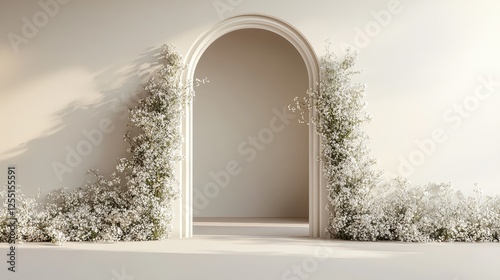 Minimalist Wedding Archway Adorned with Baby's Breath Against Beige Wall