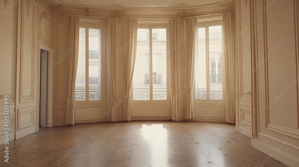 custom made wallpaper toronto digitalA Parisian-inspired apartment with herringbone wooden floors, soft beige walls, and a centered white frame.