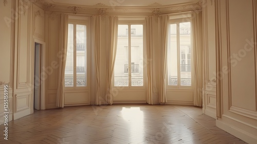Wallpaper Mural A Parisian-inspired apartment with herringbone wooden floors, soft beige walls, and a centered white frame. Torontodigital.ca