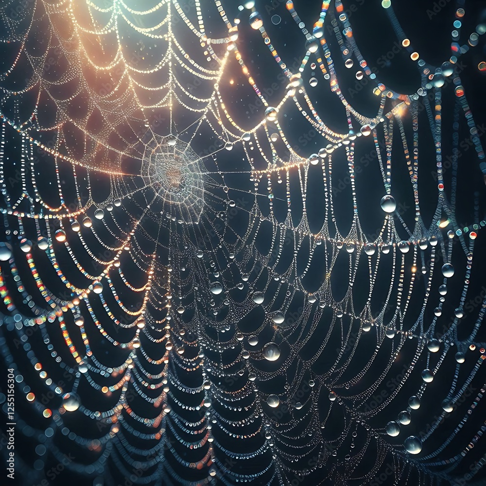 Naklejka premium Close-Up of Dew-Covered Spiderweb with Rainbow Refraction